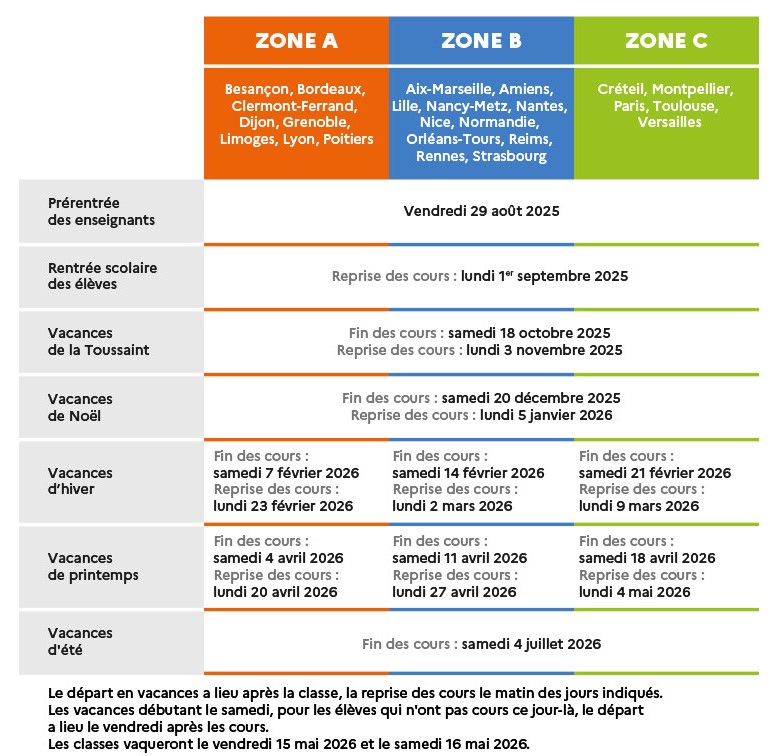 Calendrier scolaire 2025 26