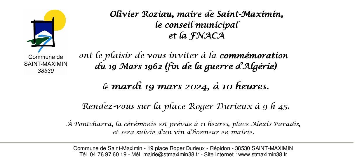 Cérémonie du 19 mars 2024 - rendez-vous à 9 h 45 sur la place Roger Durieux